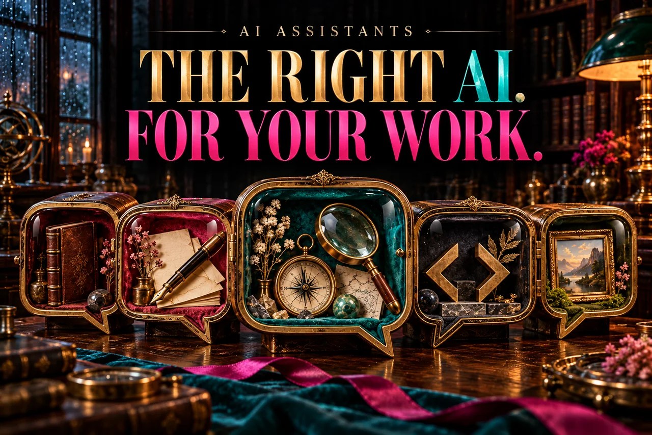 Five ornate speech-bubble cases holding tools for different tasks. Cover line: The right AI. For your work.