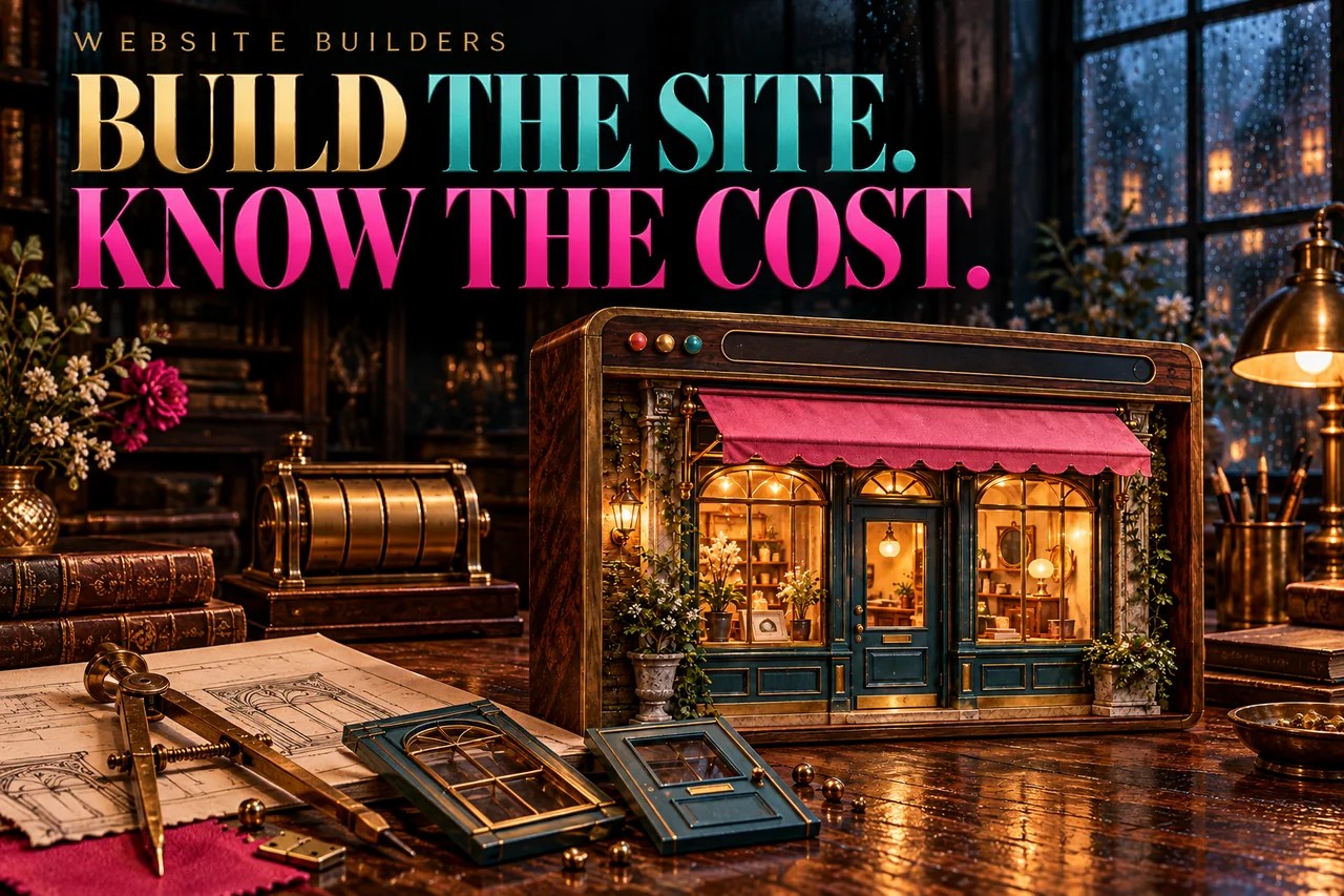 A miniature turquoise storefront inside a brass browser frame. Cover line: Build the site. Know the cost.