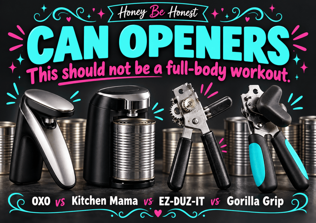Honey Be Honest can opener comparison cover: OXO vs Kitchen Mama vs EZ-DUZ-IT vs Gorilla Grip