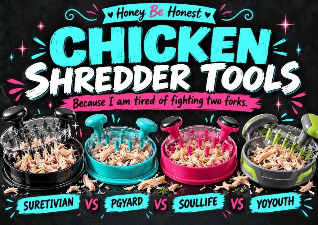 Honey Be Honest chicken shredder comparison cover: SURETIVIAN vs PGYARD vs SoulLife vs Yoyouth