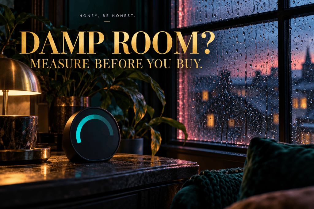 Conceptual dark room with a glowing humidity gauge and window condensation.