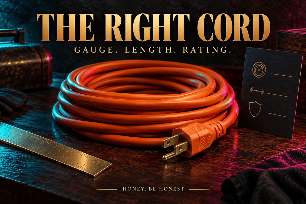 Conceptual heavy-duty extension cord and brass measuring tools on a dark work surface.