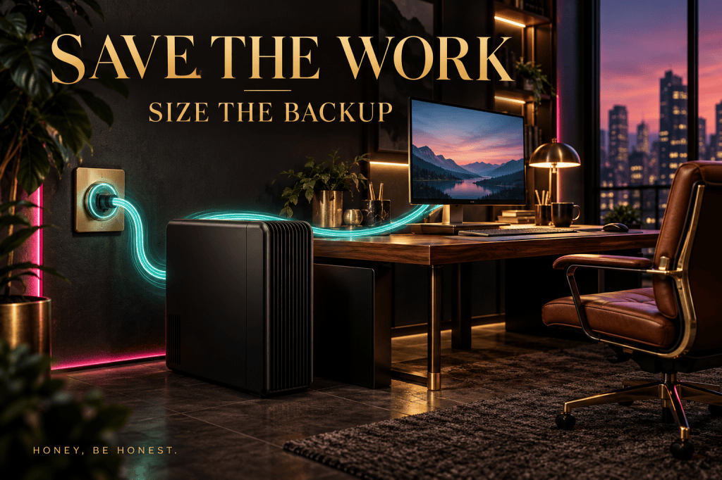 Conceptual dark home office with a backup-power tower and turquoise light ribbon.