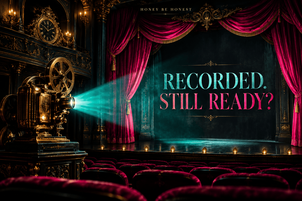 A dark velvet theater and antique projector with a turquoise beam, illustrating a recorded presentation.