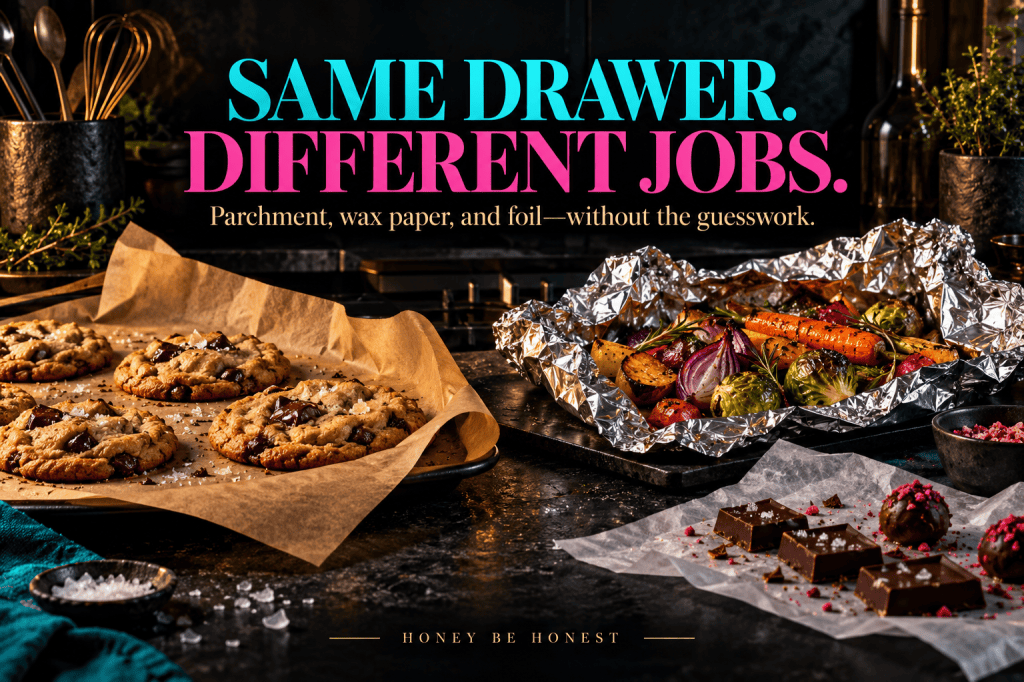 Original conceptual artwork for Parchment, Wax Paper or Foil? The Kitchen Drawer Is Not an Interchangeability Agreement; not an exact product photograph.