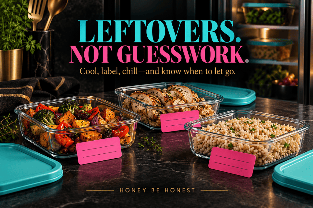 Original conceptual artwork for Leftovers Without Guesswork: A Practical Cool, Label, Chill and Reheat Routine; not an exact product photograph.