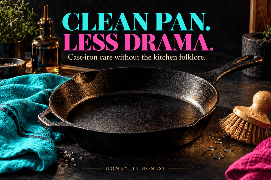 Original conceptual artwork for Cast-Iron Care Without the Folklore: Clean It, Dry It, and Stop Worshipping the Pan; not an exact product photograph.