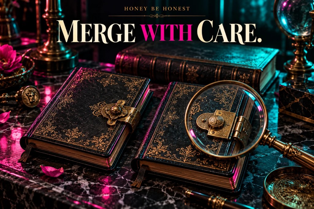 Two similar ornate dark address books and a magnifying glass, with a master ledger behind them.