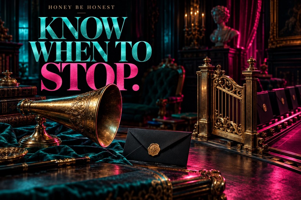A brass speaking horn, sealed envelope and ornate closed gate in a dark room, illustrating when automated messaging should stop.