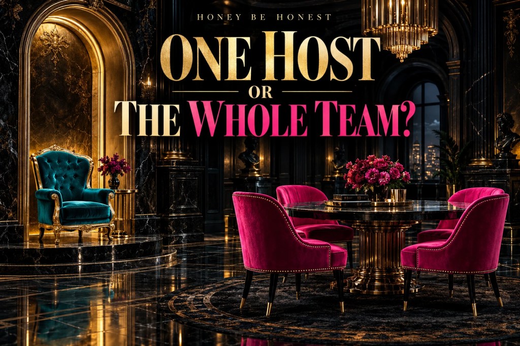 A richly detailed dark meeting room with one highlighted chair beside a shared table, illustrating one host versus a whole team.