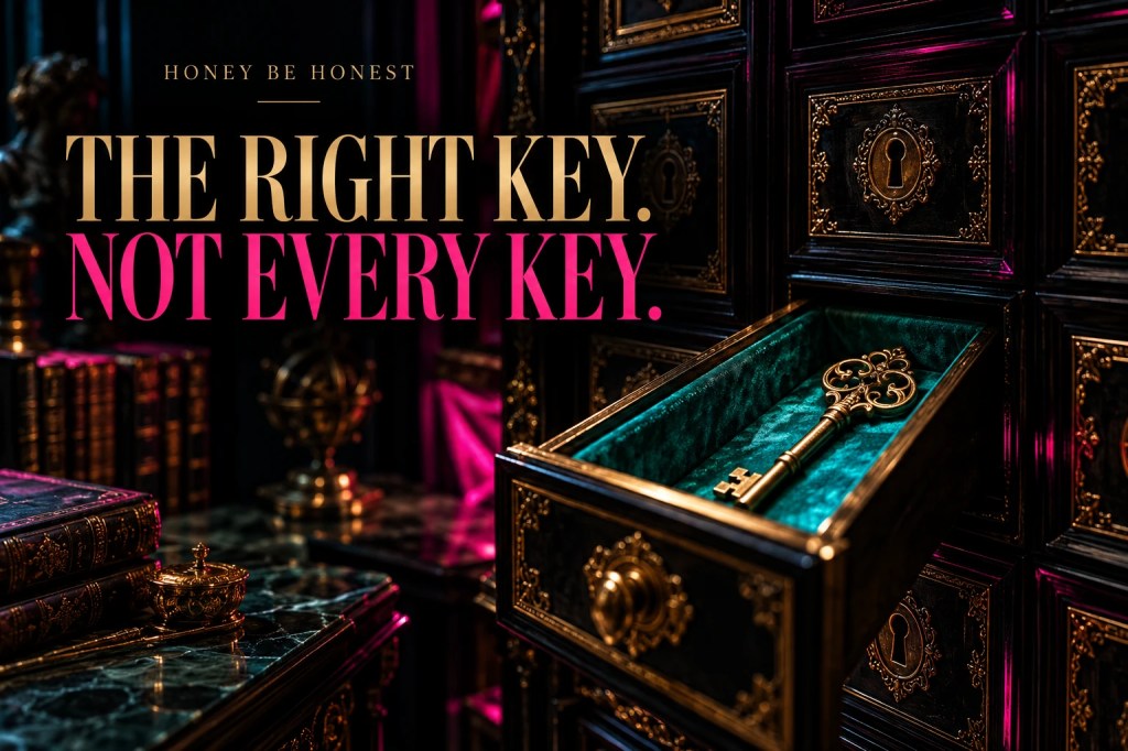 A single ornate key in a turquoise-lined drawer within a dark cabinet, illustrating carefully limited access.