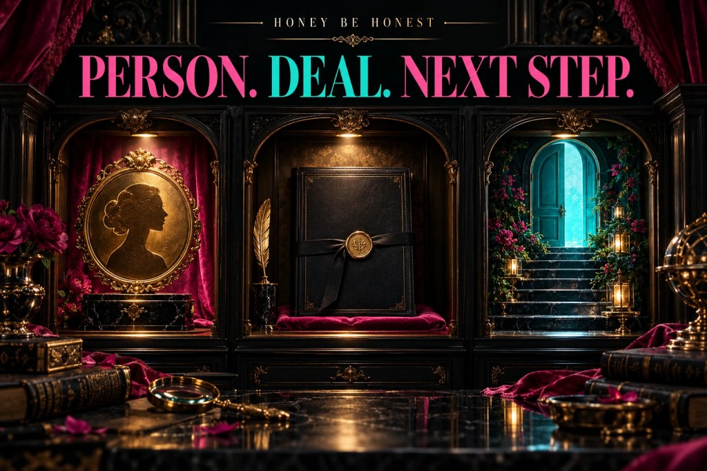 A dark cabinet with a person medallion, contract folio and staircase illustrating contact, deal and progress.