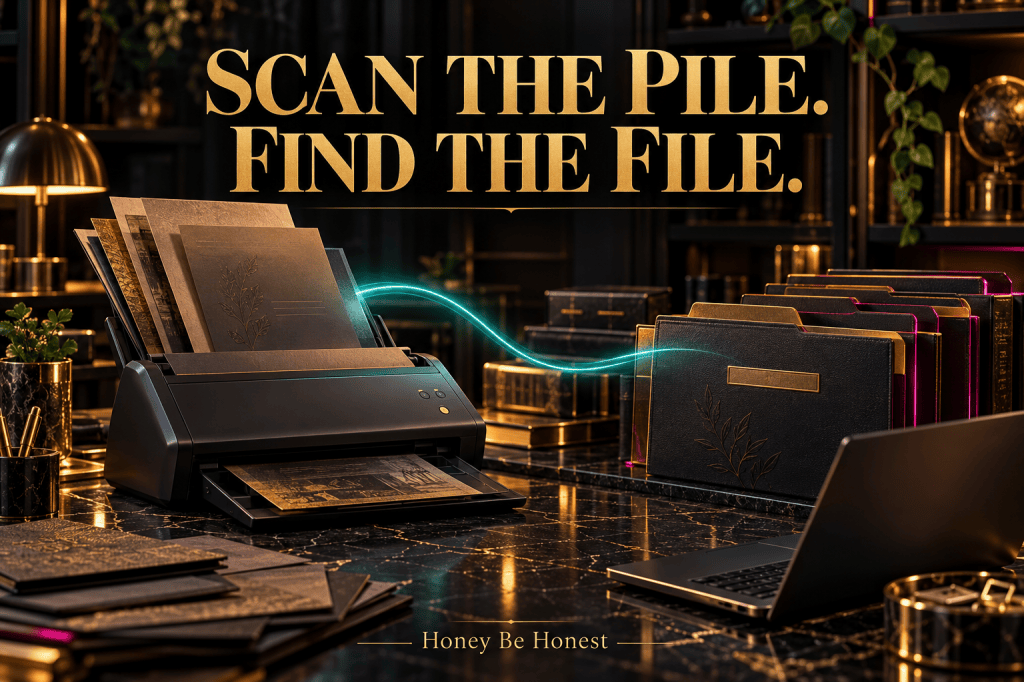 Conceptual black-and-gold archive desk with a generic dark scanner, bronze documents and textured folders connected by a turquoise light ribbon; headline Scan the Pile, Find the File.