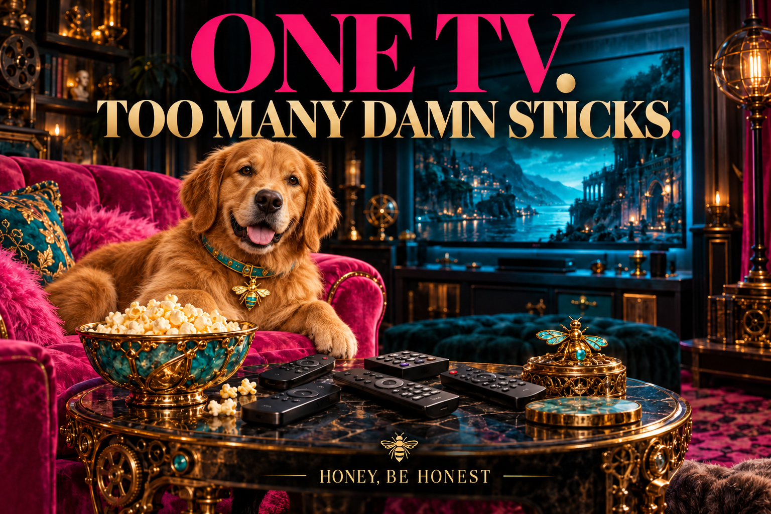 Handsome golden dog on a pink couch surrounded by remotes in an HBH home cinema.