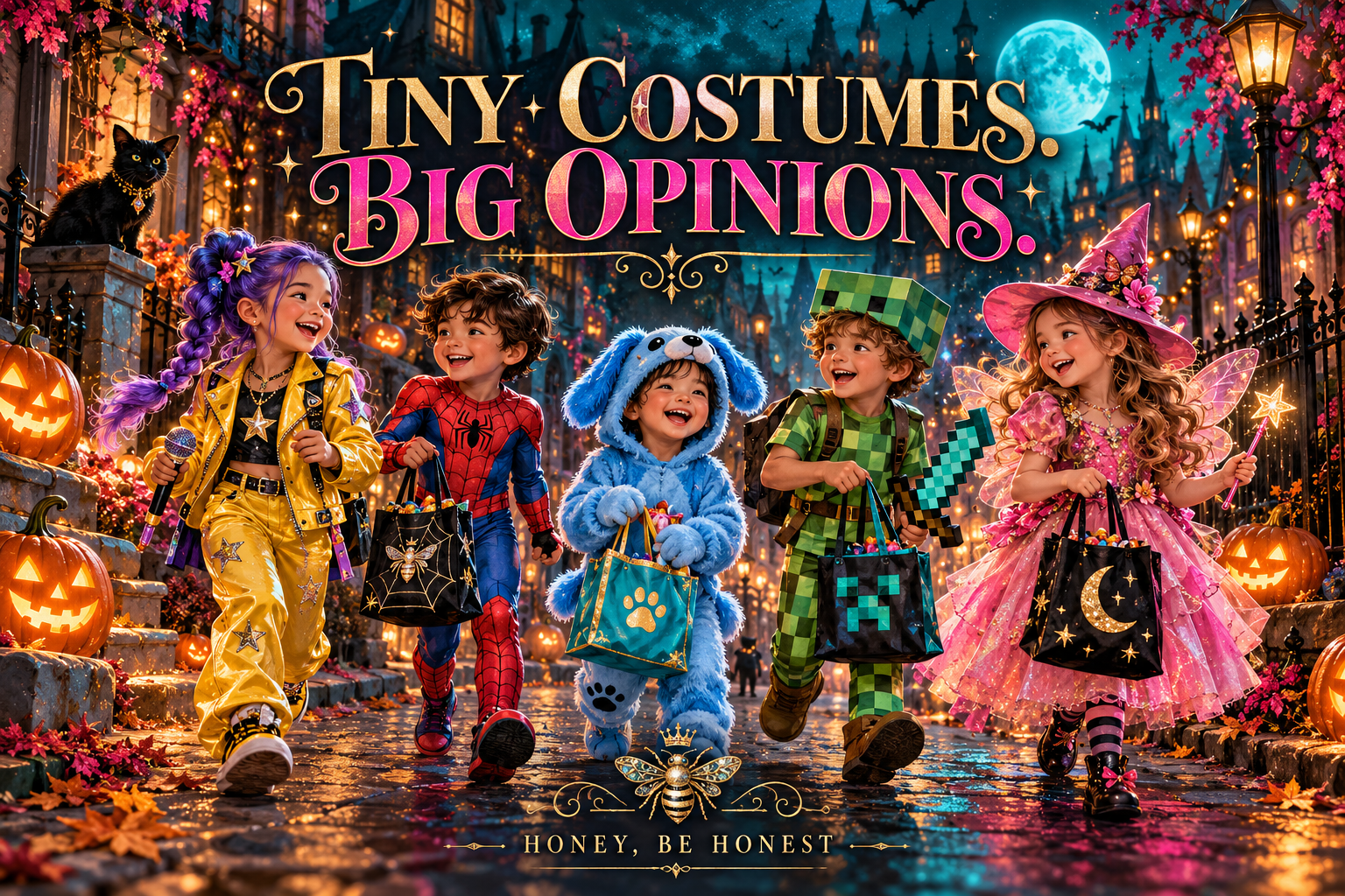 Children trick-or-treating in an illustrated pink and turquoise Halloween scene.