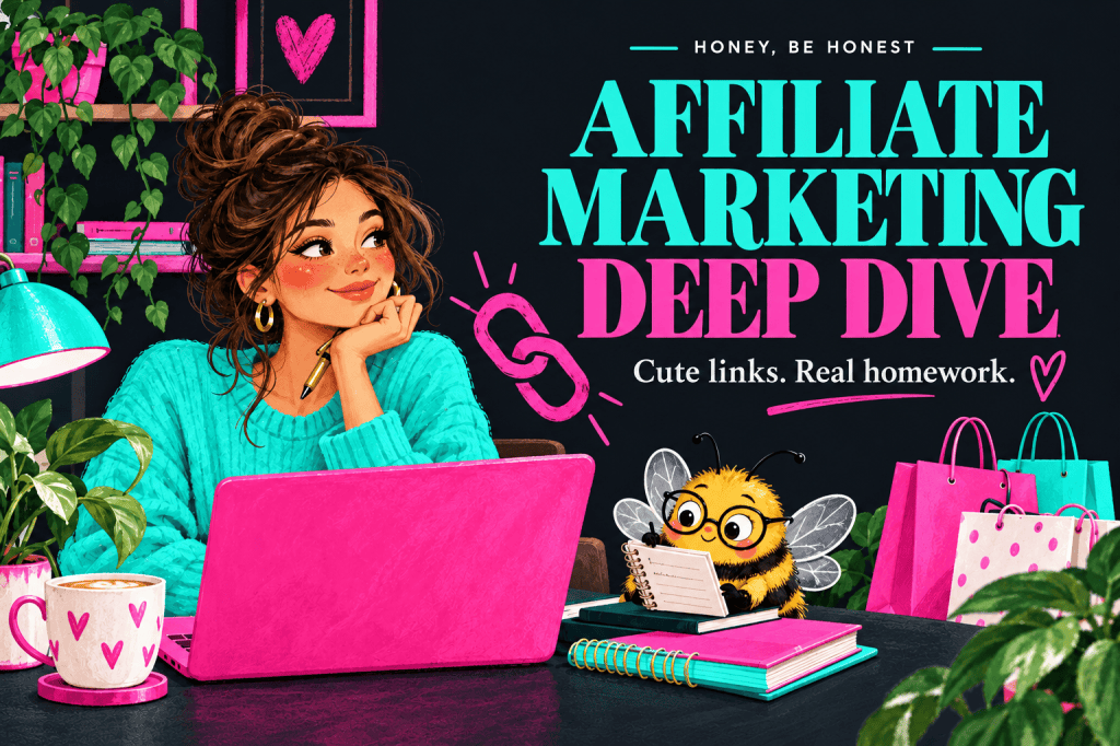 Honey, Be Honest affiliate marketing guide: a creator at a hot pink laptop with a bee mascot, turquoise and pink lettering on charcoal.