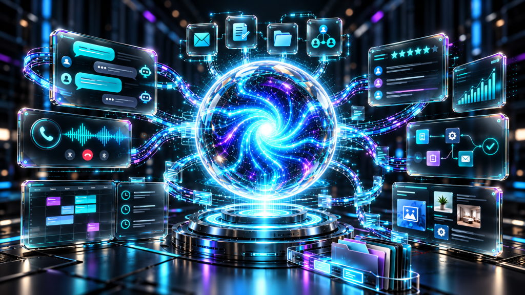 Futuristic AI command hub with a luminous iridescent core, polished metal platform, and connected business automation panels.