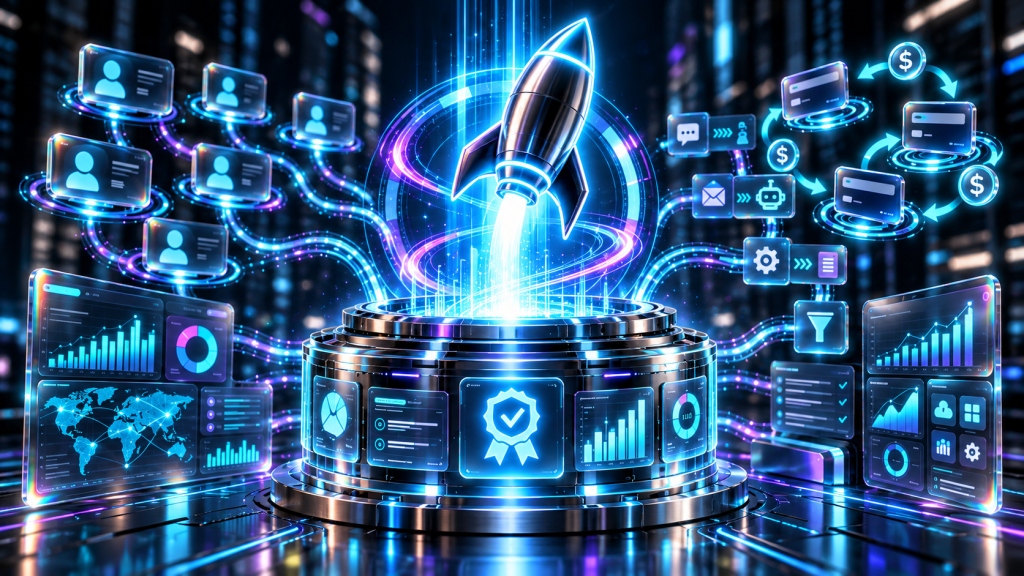 Polished metal rocket launching from an iridescent SaaS automation hub surrounded by client, analytics, billing, and AI workflow panels.