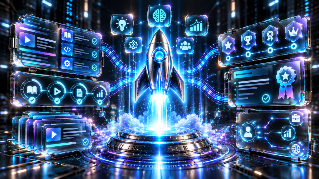 Realistic polished metal rocket and iridescent learning dashboard with achievement, certification, skills, and career progression panels.