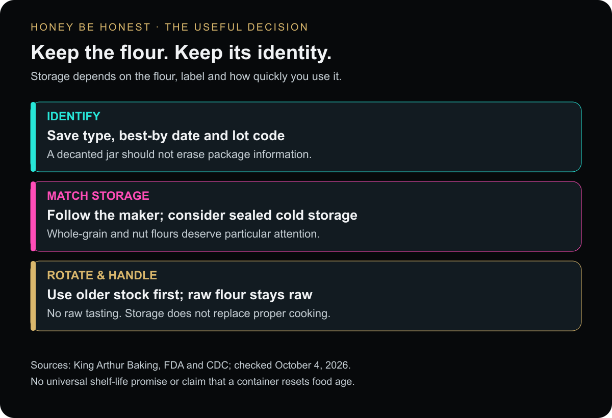 Flour-storage decision map: identify and retain the label, match storage to flour type and usage, then rotate and follow safe handling.