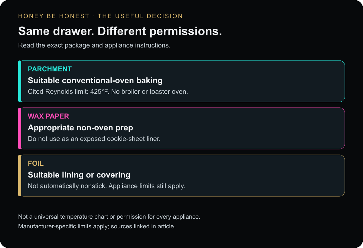 Three material choices and their main checks: parchment for rated baking, wax paper for non-oven prep, foil for suitable lining or covering.
