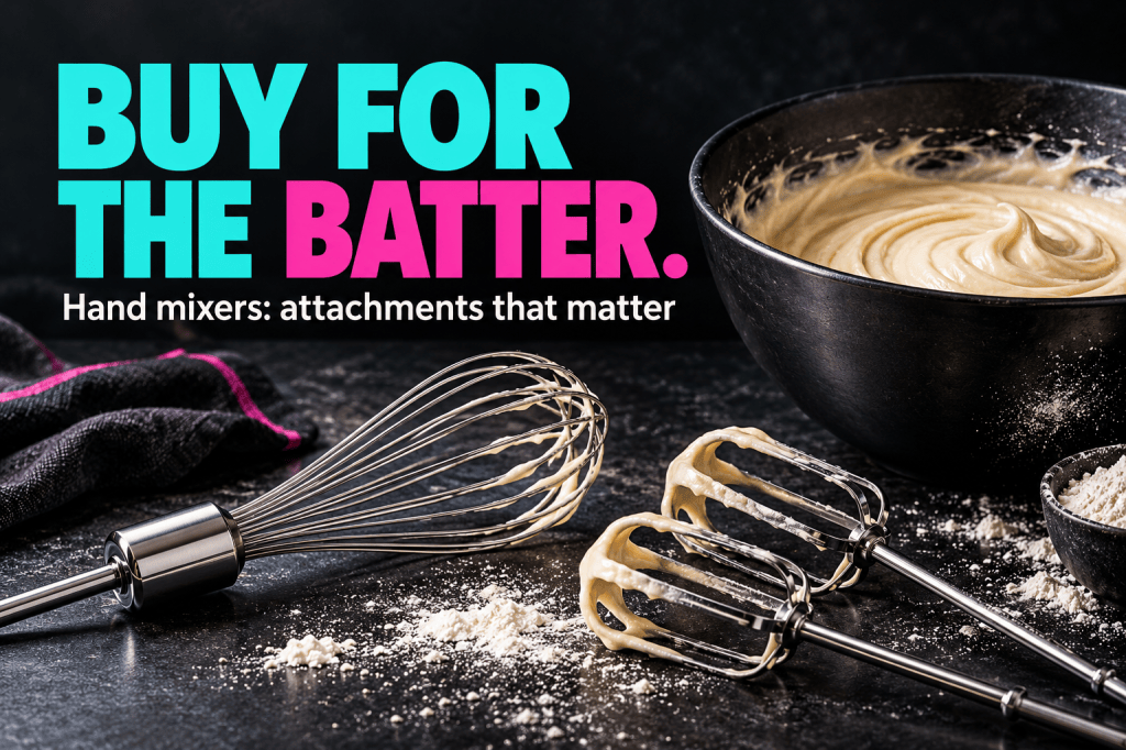 Conceptual batter, whisk and beaters with the headline Buy for the Batter.; not exact product accessories.