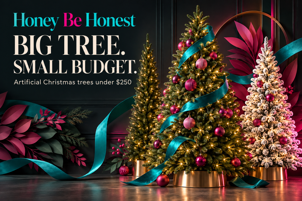 Honey Be Honest cover illustration with full, slim and snow-flocked Christmas trees, turquoise ribbons and pink ornaments; Big Tree, Small Budget