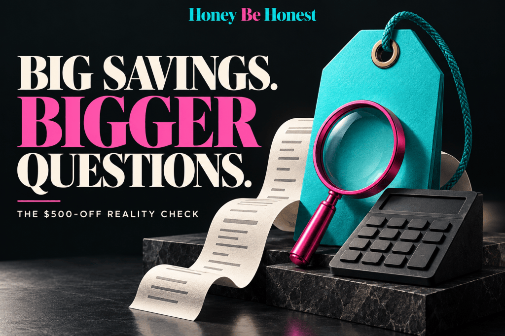 Honey Be Honest: Big Savings. Bigger Questions. The $500-off reality check, with a turquoise price tag, pink magnifying glass and calculator.