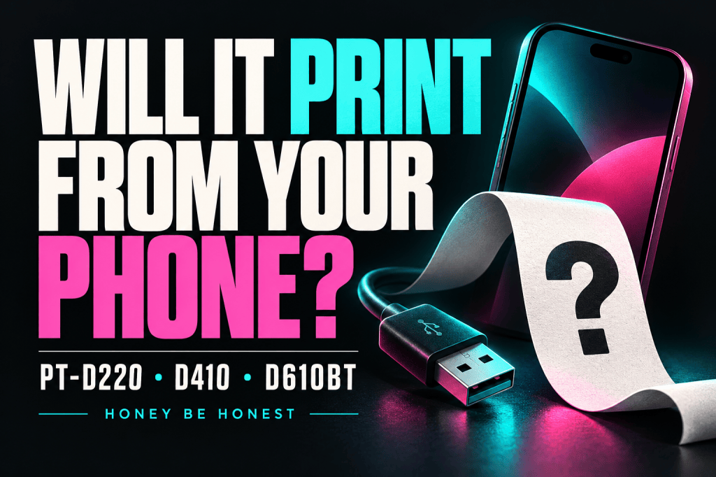 Conceptual Honey Be Honest phone, label and USB artwork with the headline Will It Print From Your Phone? and PT-D220, D410 and D610BT model names.