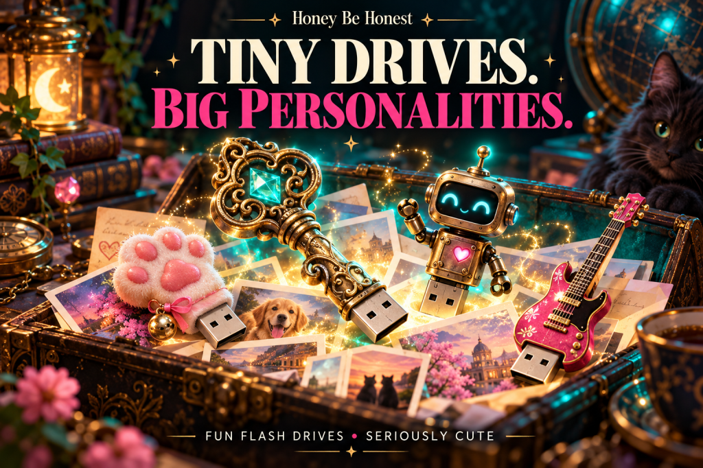 Illustrated treasure chest with a vintage key, robot, cat paw and guitar shaped USB flash drives