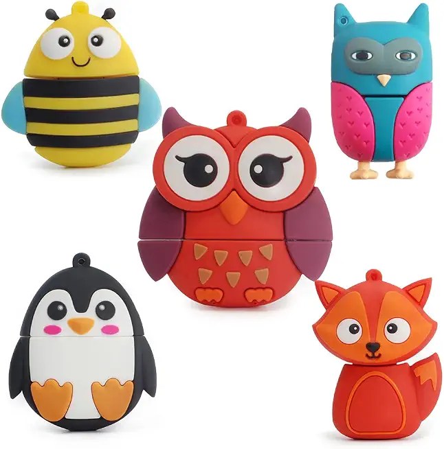Five LEIZHAN animal shaped USB flash drives including a bee, fox, owls and penguin