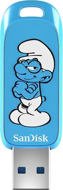 Blue SanDisk USB flash drive with Brainy Smurf character artwork