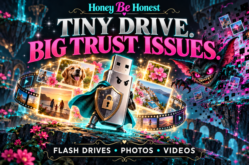 Honey Be Honest flash-drive comparison cover with an illustrated USB drive protecting family photos and videos