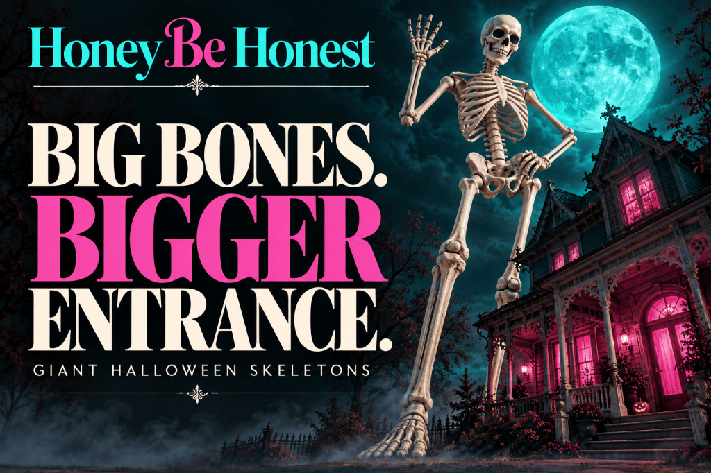 HBH Halloween yard guide cover with a giant skeleton and turquoise moon beside a pink-lit haunted house; editorial illustration.