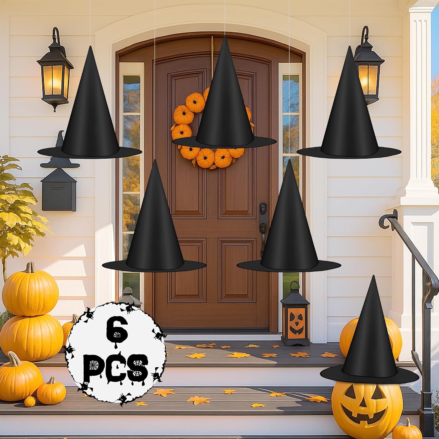 Six hanging black witch hats with nylon cord