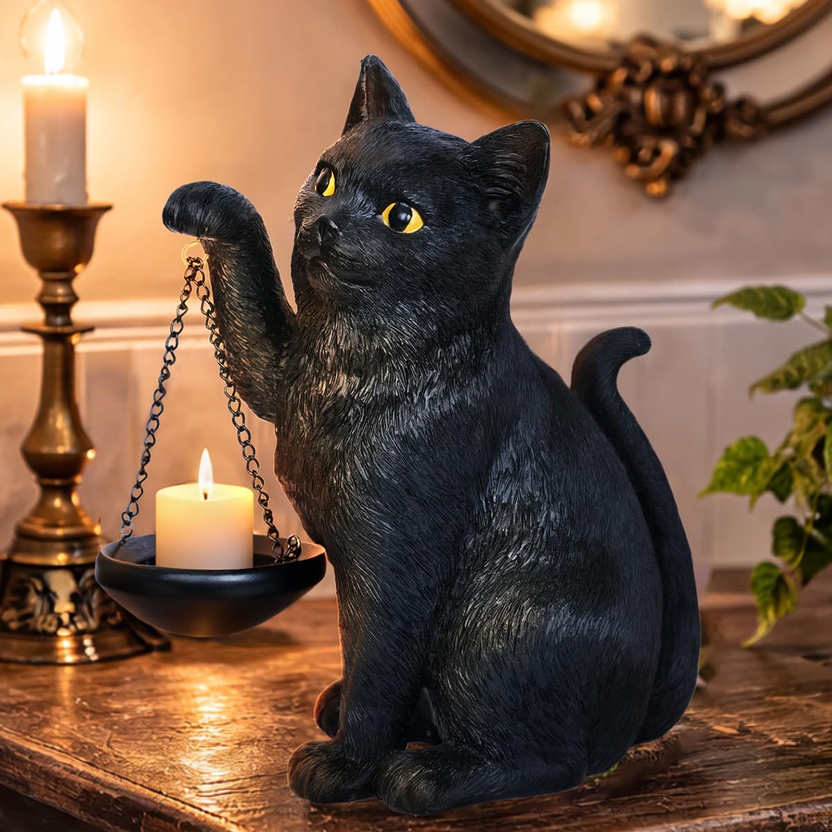 LocusArs resin black cat with hanging tealight tray