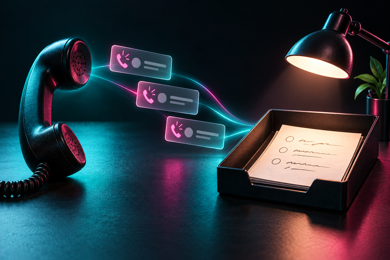 Conceptual missed-call cards flowing from a phone toward a callback task tray.