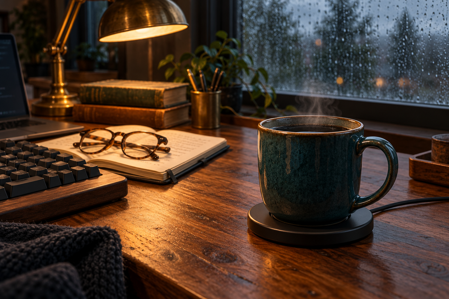 A steaming teal mug on a warming base sits on a walnut desk beside a keyboard and notebook, lit by a brass lamp and rainy window.