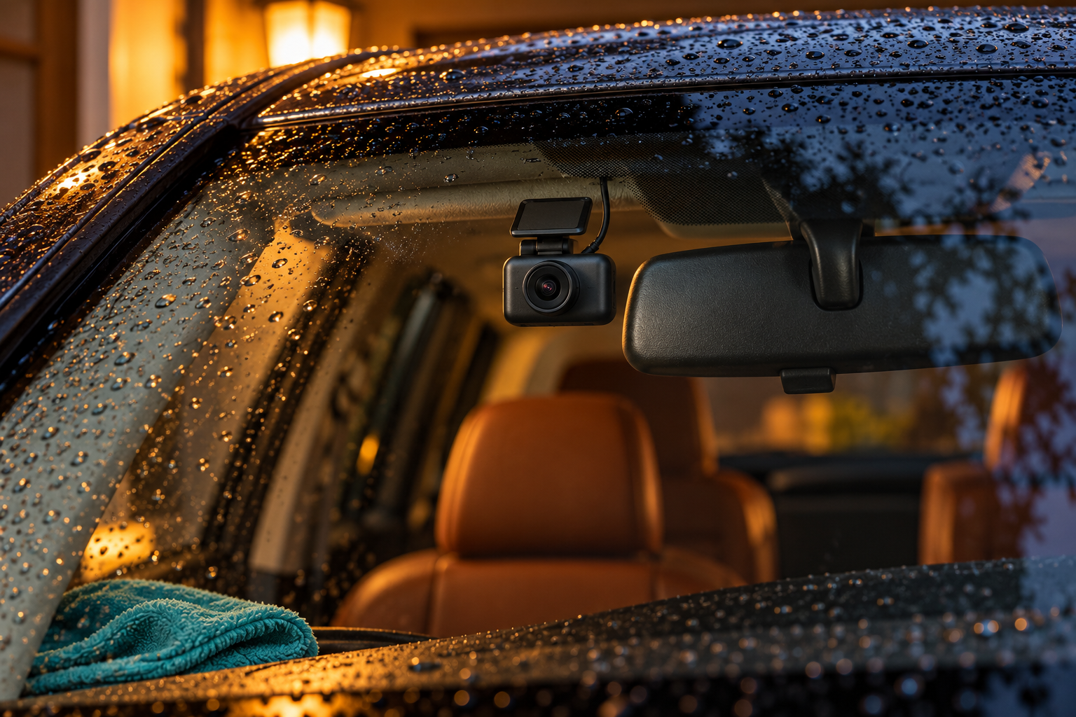A compact dash camera faces outward through a rain-beaded windshield beside the rear-view mirror, with tan seats and a turquoise cloth inside.