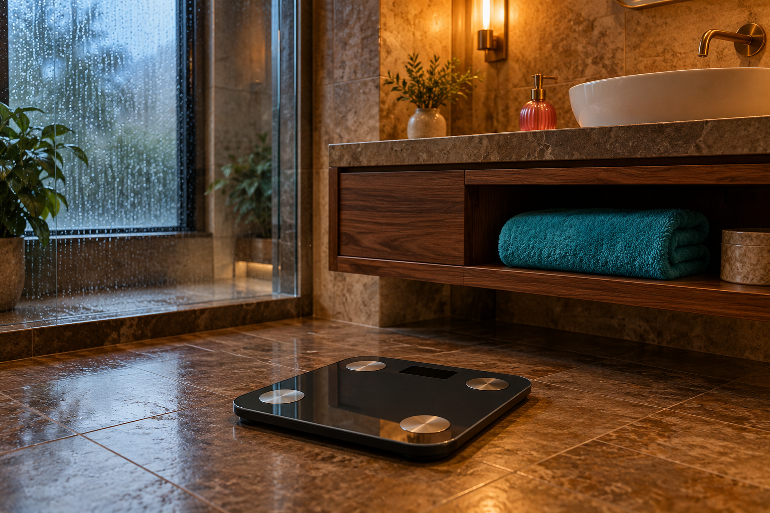 A dark smart scale rests on a bathroom tile floor beneath a walnut vanity, with a turquoise towel and rain-lit window.