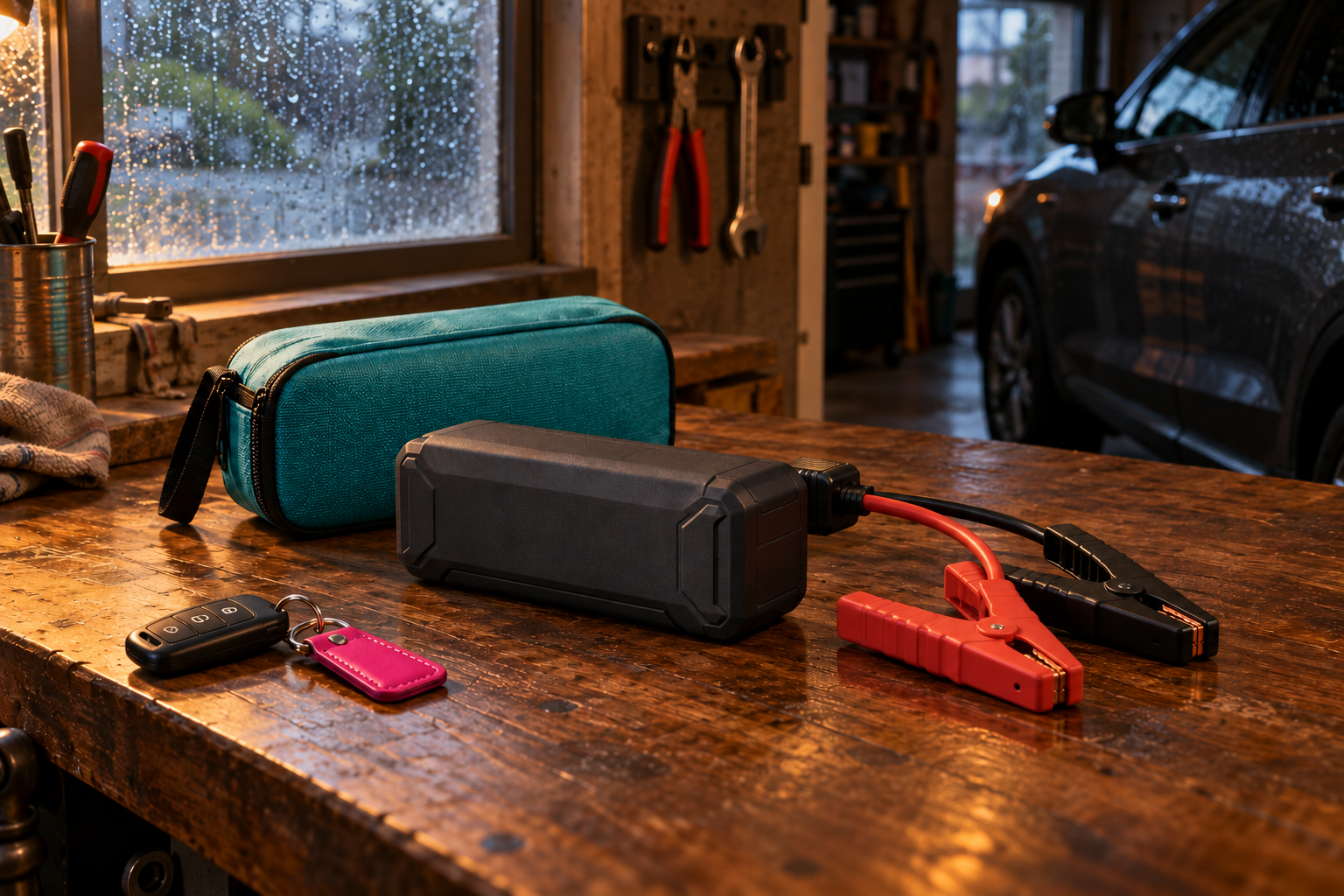 A portable jump starter and separate red and black clamps sit on a garage workbench beside a turquoise case and pink key tag.