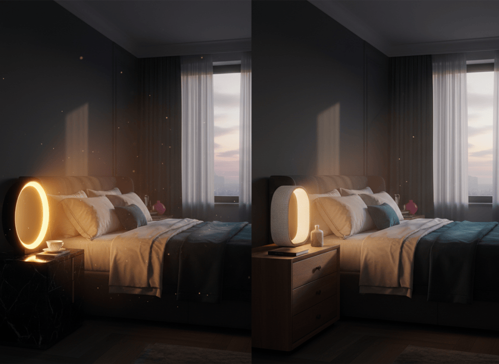 Editorial split-bedroom artwork comparing a bright round sunrise alarm lamp with a softer modern smart sleep clock.
