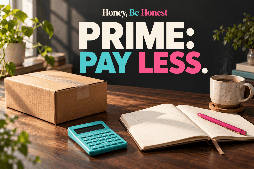 Honey, Be Honest: Prime, Pay Less. A delivery box, turquoise calculator, planner and coffee on a warm wooden desk.