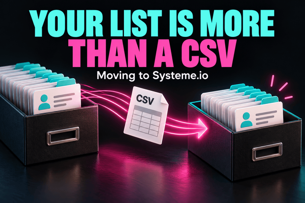 Conceptual contact-card boxes and CSV sheet under the headline Your List Is More Than a CSV.