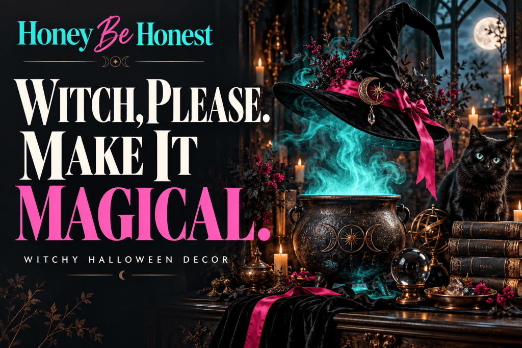 HBH witchy Halloween decor cover with floating velvet witch hat, glowing turquoise cauldron and black cat; editorial illustration.