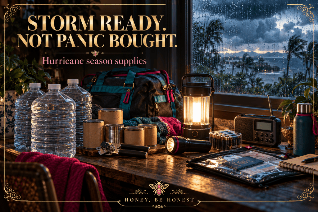 Conceptual emergency supplies on a table beside a closed stormy window; Storm Ready. Not Panic Bought.
