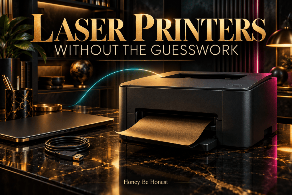 Conceptual dark home-office scene with a generic charcoal printer, closed laptop and cable on gold-veined black stone; headline Laser Printers, Without the Guesswork.