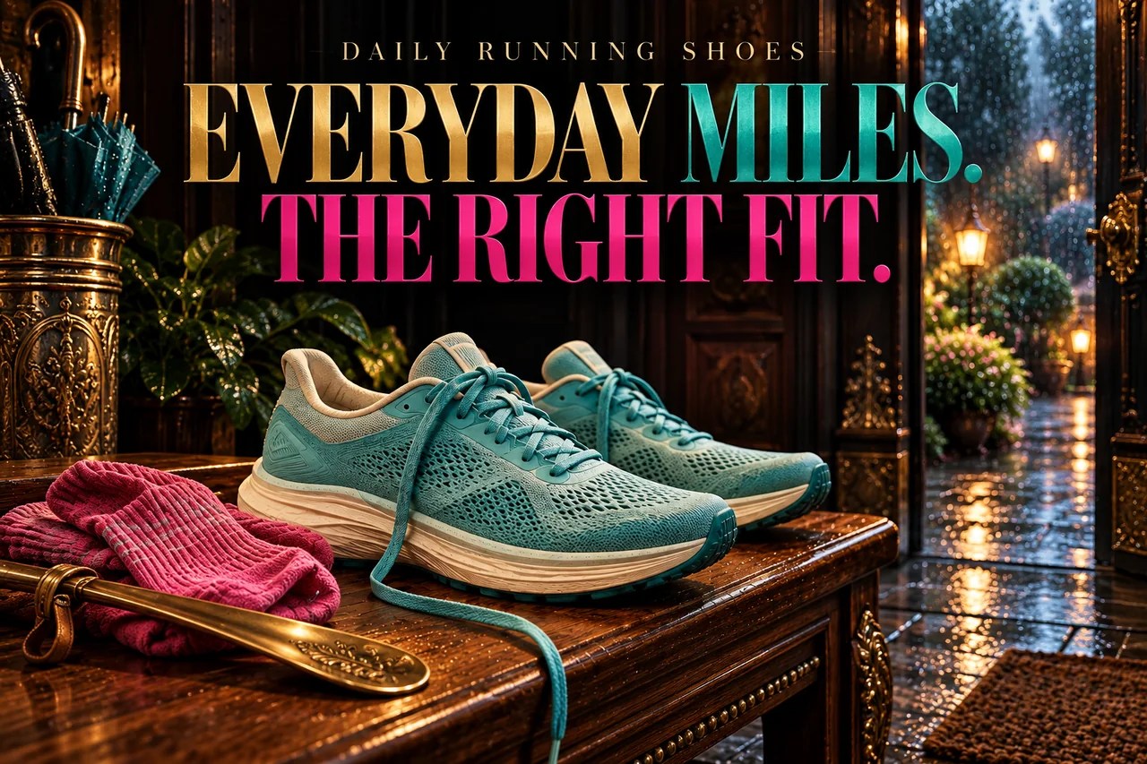 Turquoise running shoes on an ornate walnut entry bench. Cover line: Everyday miles. The right fit.