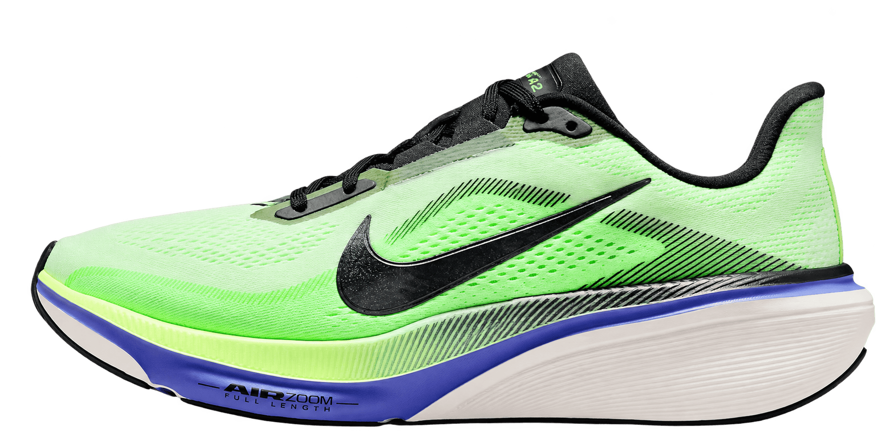 Nike Pegasus 42 men's running shoe in Volt Tint, Sapphire, Lime Blast and Black Spruce, style IB1873-702.