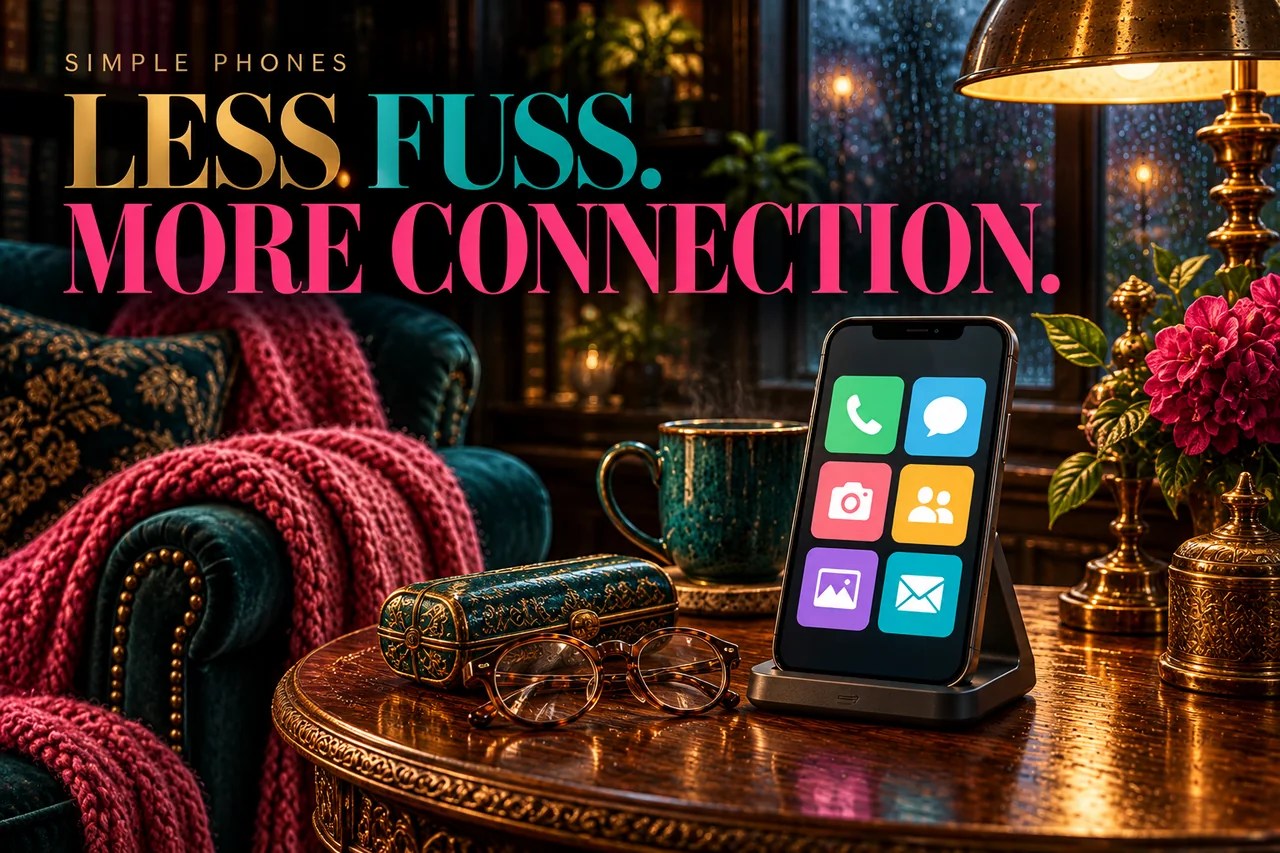 A phone with large icons in a turquoise and pink reading nook. Cover line: Less fuss. More connection.